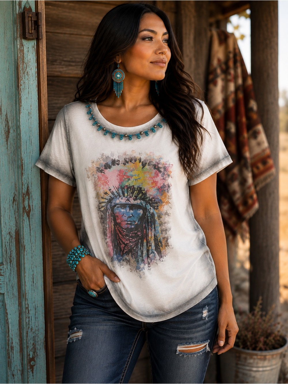 Women’s Cream Short-Sleeve Graphic Tee with Beaded Neckline